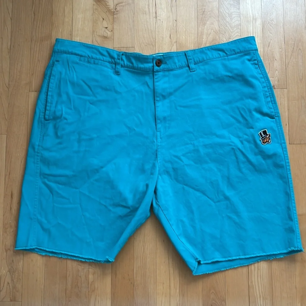 🧵42W 9” Inseam — Men's Teal Akoo Shorts | Raw Hem | Zipper & Button Closure